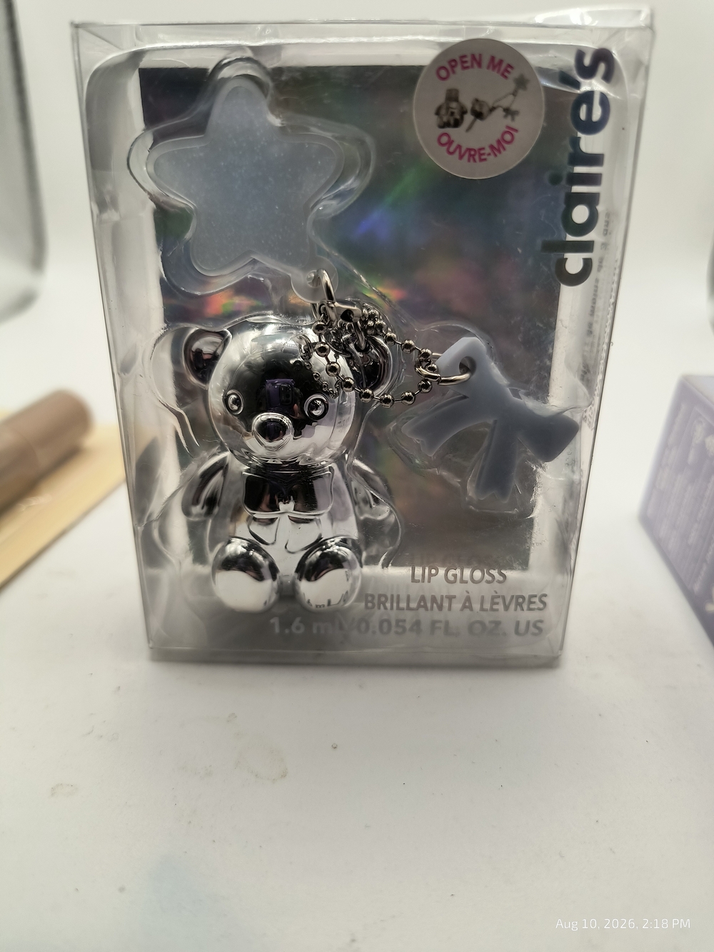 Claire's Silver Teddy Bear Charm Lip Gloss Backpack Purse Charm
